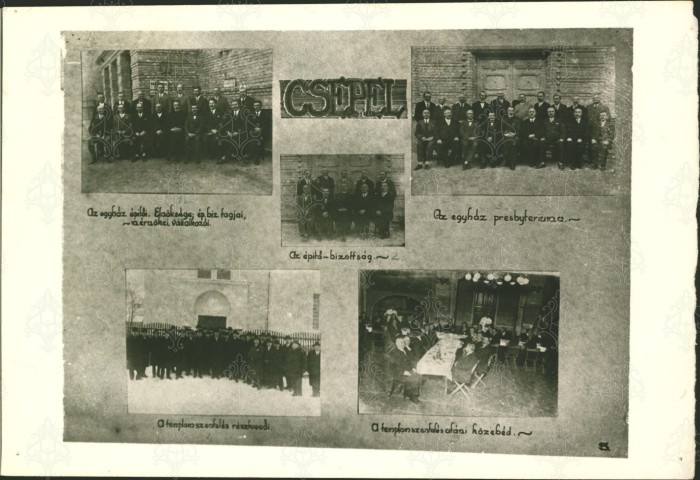 Az egyházi elöljárók, építő bizottság, presbitérium, csoportkép, templomszentelés utáni közebéd.