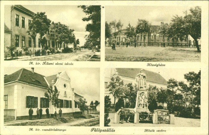 Állami iskola, községháza, csendőrlaktanya, Hősök szobra. (levelezőlap)