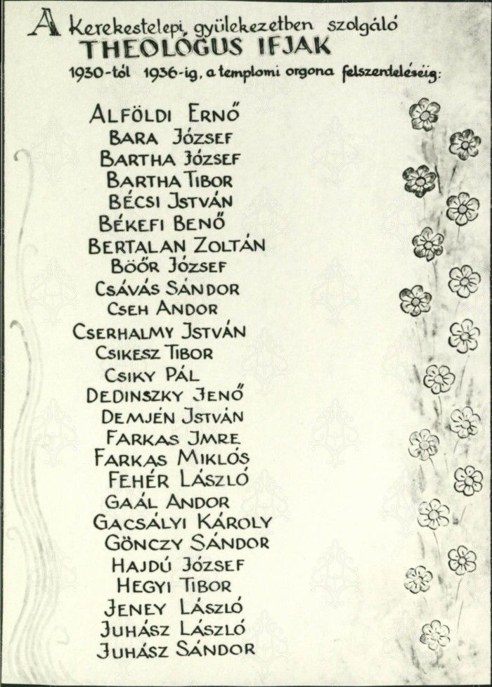 Kerekestelepi gyülekezetben szolgált teológusok névsora 1930-1936