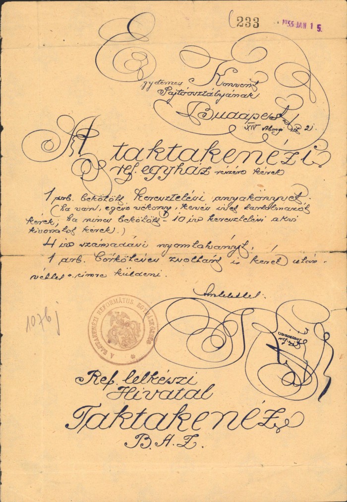 Levelek a konventnek, nyomtatvány rendelés ügyében. 1955.